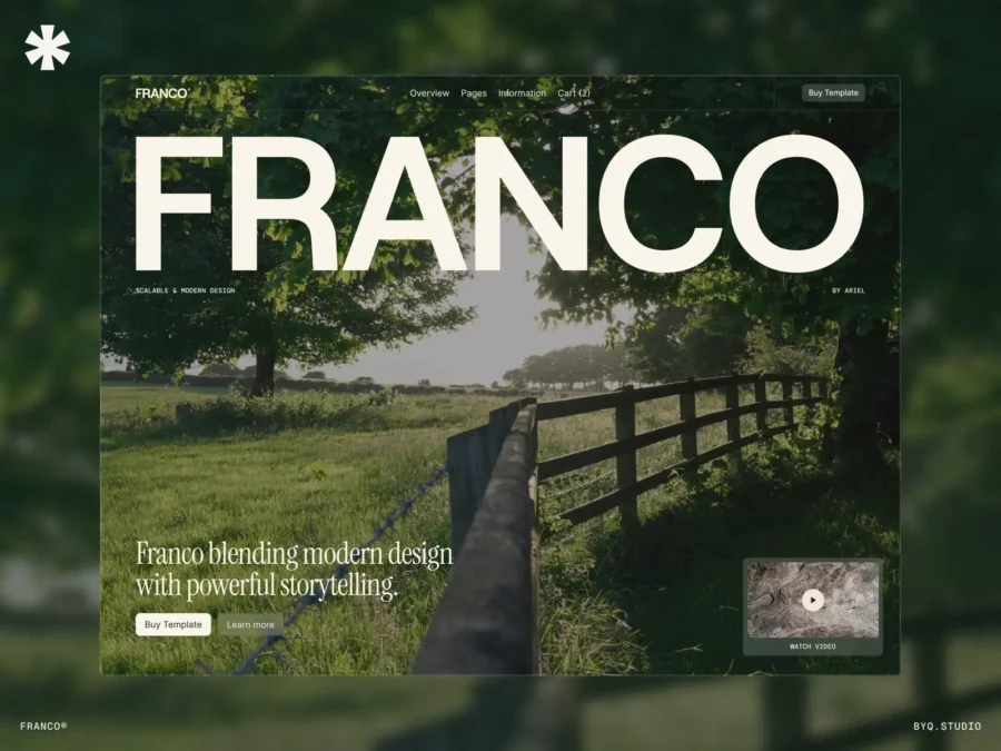 Webpage for 'Franco' featuring large text over a scenic landscape with a wooden fence and trees. Tagline reads 'blending modern design with powerful storytelling.' Buttons for 'Buy Template' and 'Learn more' are included, with a video thumbnail in the bottom right corner.