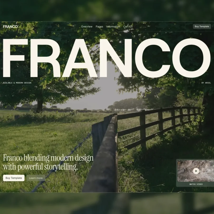 Webpage for 'Franco' featuring large text over a scenic landscape with a wooden fence and trees. Tagline reads 'blending modern design with powerful storytelling.' Buttons for 'Buy Template' and 'Learn more' are included, with a video thumbnail in the bottom right corner.
