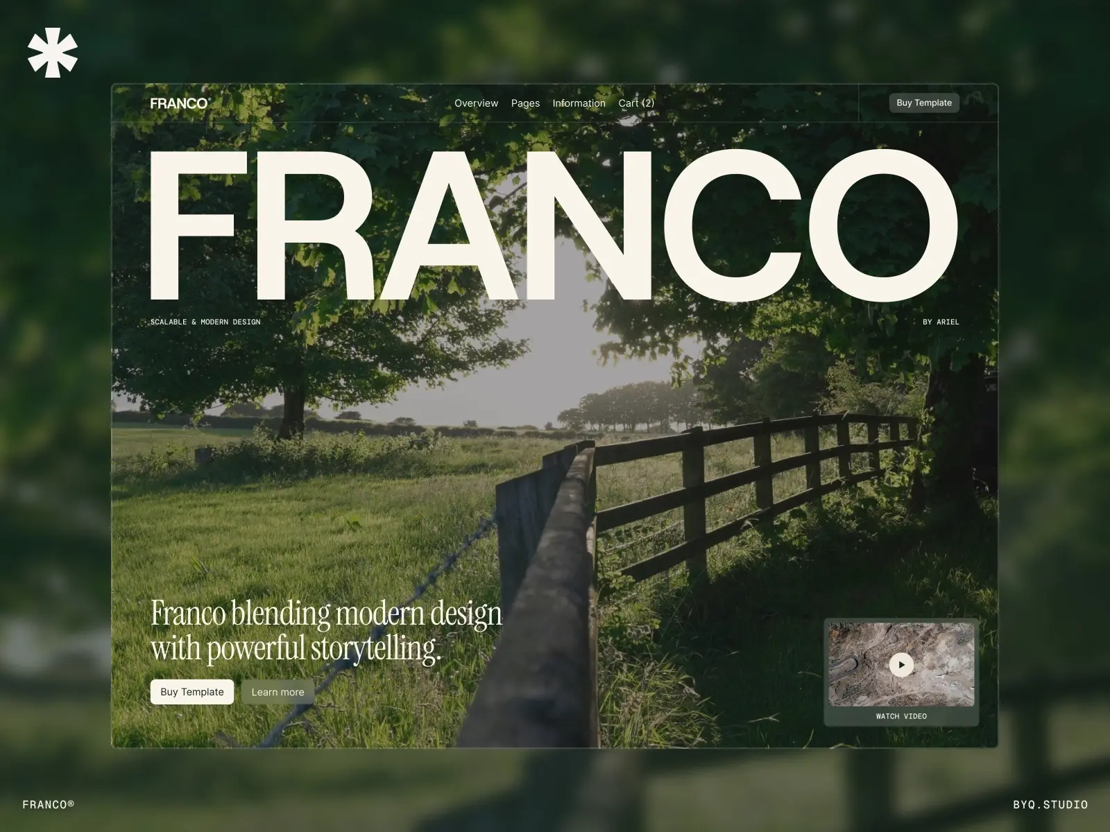 Webpage for 'Franco' featuring large text over a scenic landscape with a wooden fence and trees. Tagline reads 'blending modern design with powerful storytelling.' Buttons for 'Buy Template' and 'Learn more' are included, with a video thumbnail in the bottom right corner.