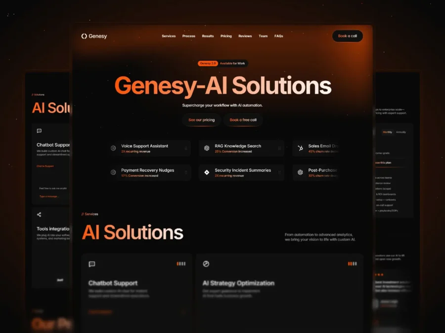 Dark-themed webpage for Genesy-AI Solutions, featuring AI automation services. Bold header with service buttons like Voice Support and Security Incident Summaries. Modern, tech-focused design conveys innovation.
