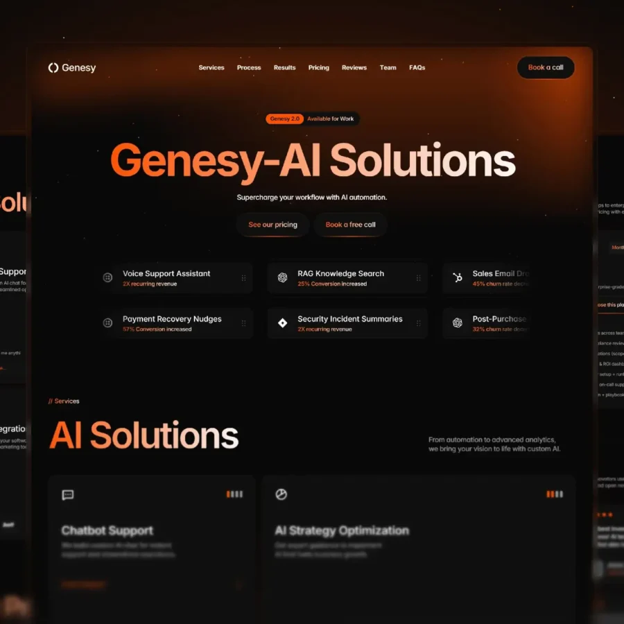 Dark-themed webpage for Genesy-AI Solutions, featuring AI automation services. Bold header with service buttons like Voice Support and Security Incident Summaries. Modern, tech-focused design conveys innovation.