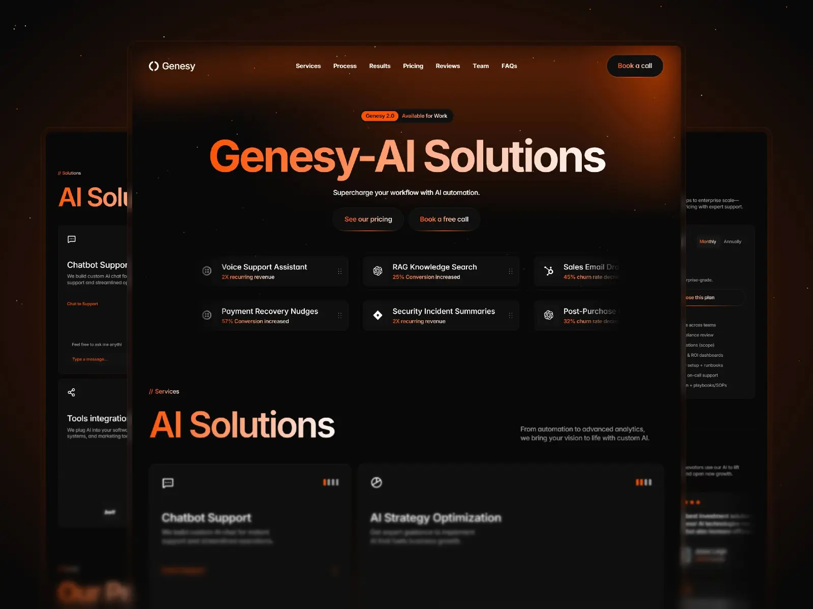 Dark-themed webpage for Genesy-AI Solutions, featuring AI automation services. Bold header with service buttons like Voice Support and Security Incident Summaries. Modern, tech-focused design conveys innovation.