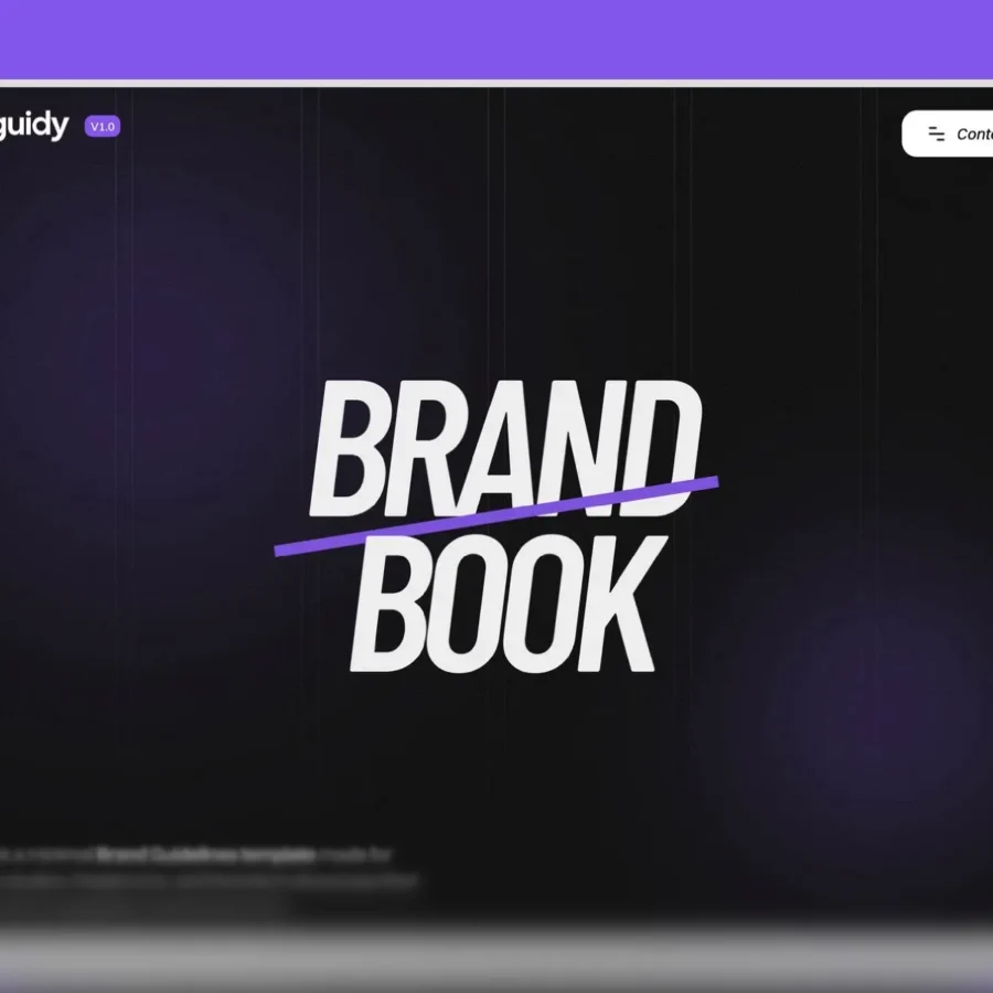 Brand Book cover with bold white text and a purple slash on a dark background. Guidy logo and Contents button at the top corners. Modern and sleek design.
