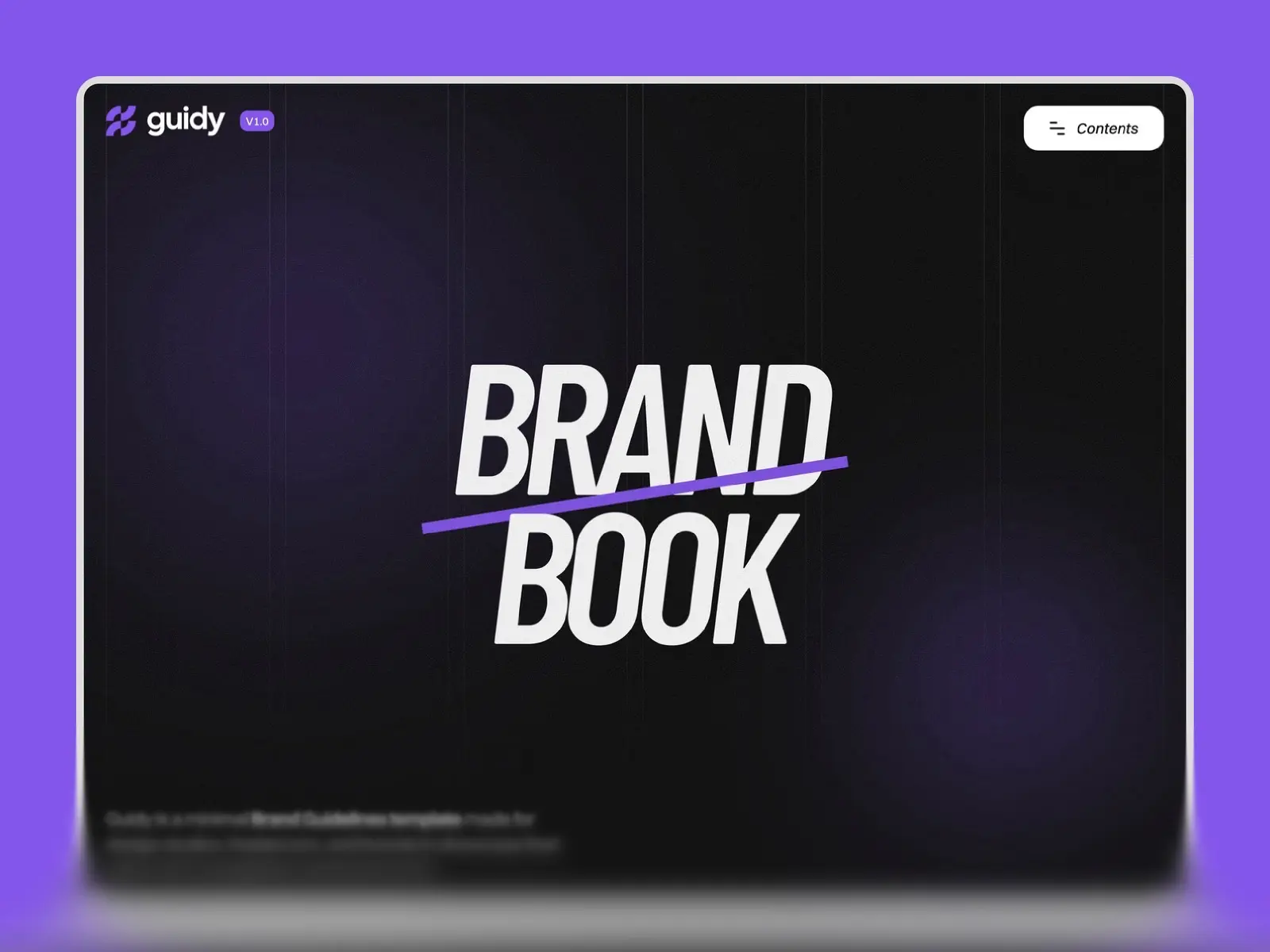 Brand Book cover with bold white text and a purple slash on a dark background. Guidy logo and Contents button at the top corners. Modern and sleek design.