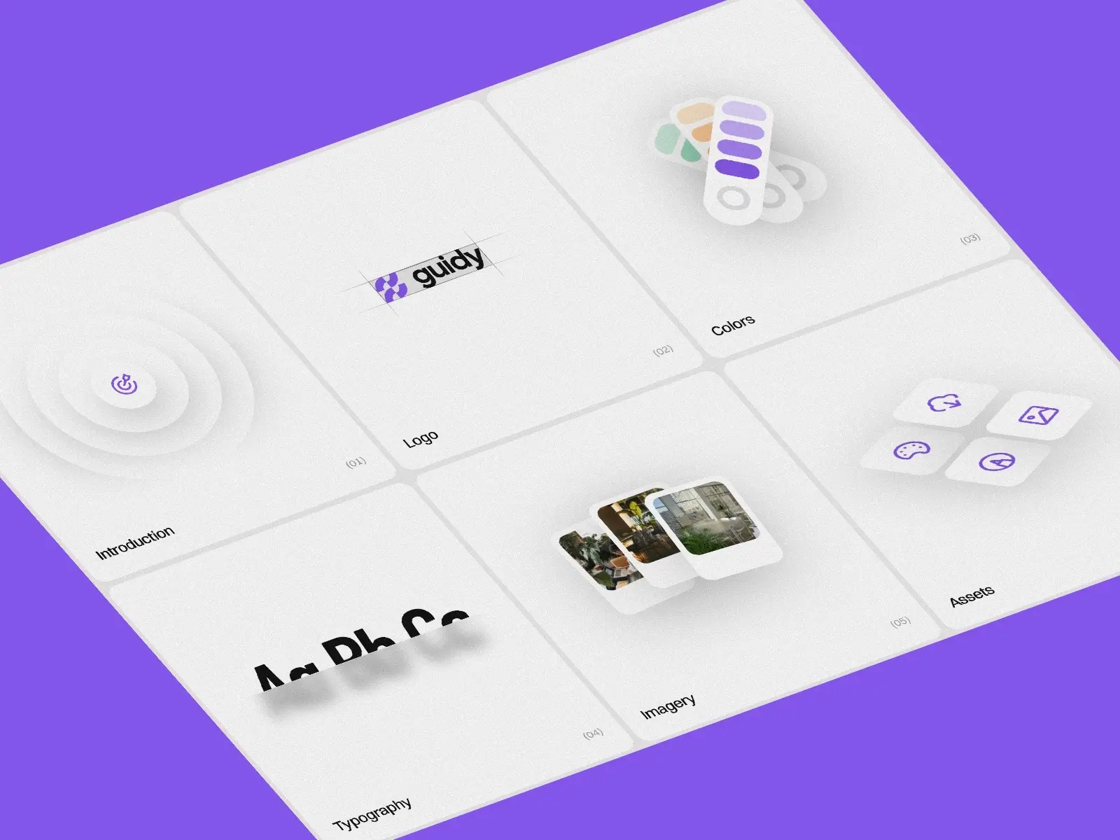 Six tilted tiles on a purple background, each featuring design elements: Introduction, Logo, Colors, Typography, Imagery, and Assets, with an organized, modern style.