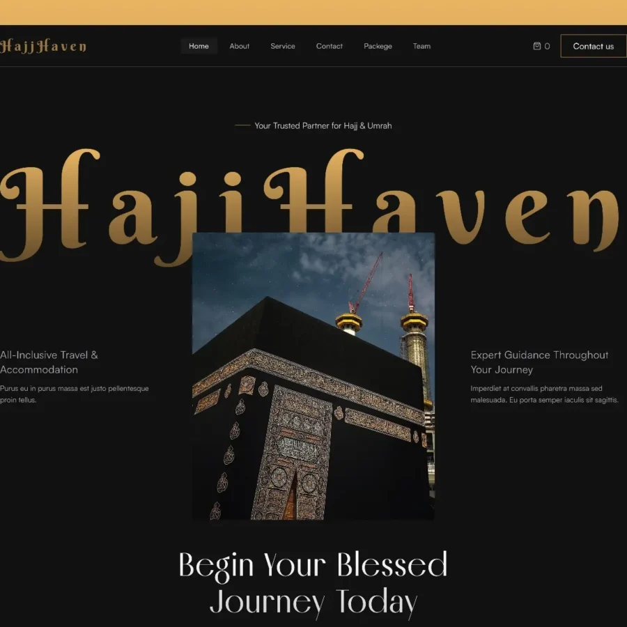 Hajj Haven website layout with a sleek black and gold theme. Centered is an image of the Kaaba with detailed patterns. Text includes service and contact options, conveying trust and guidance for a spiritual journey.