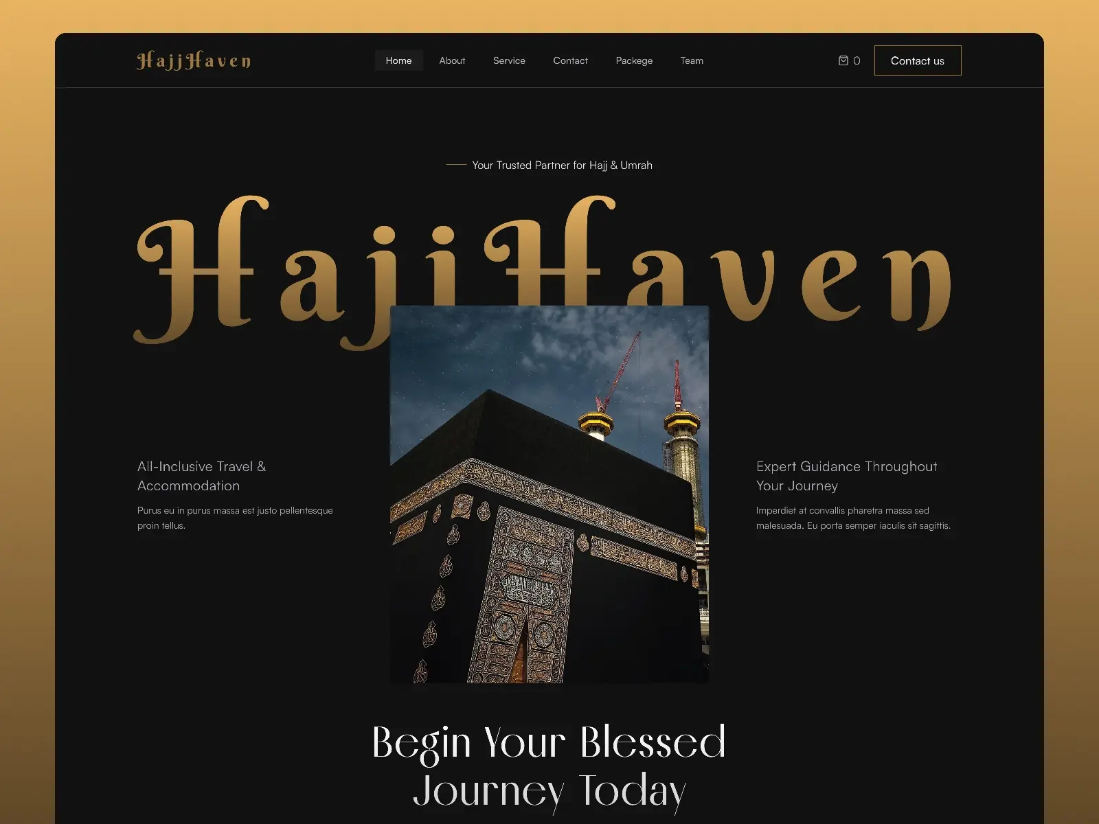 Hajj Haven website layout with a sleek black and gold theme. Centered is an image of the Kaaba with detailed patterns. Text includes service and contact options, conveying trust and guidance for a spiritual journey.