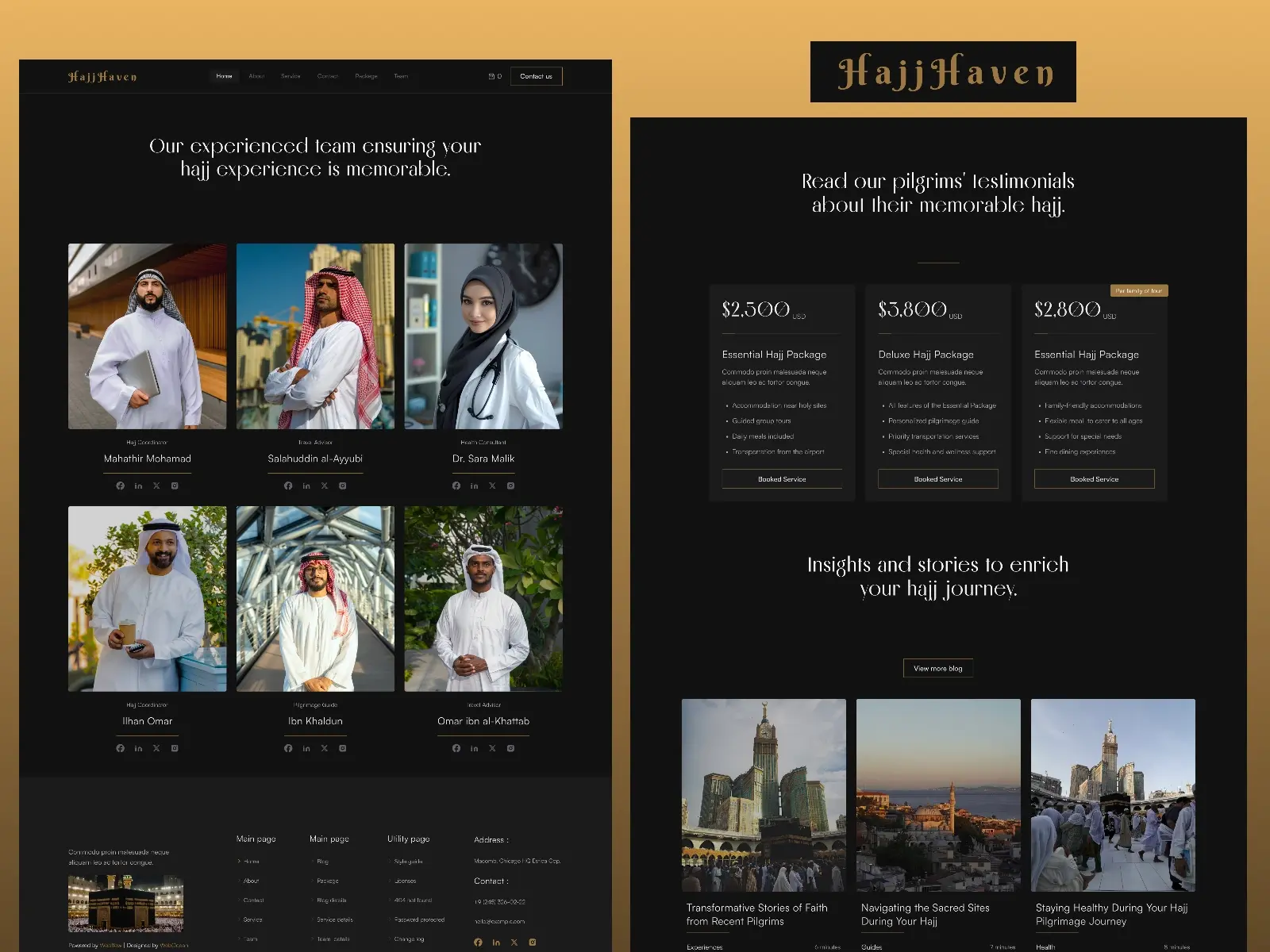 HajjHaven website showcasing team members and Hajj packages. Left side features portraits of team members, highlighting cultural attire. Right side displays Hajj package options with prices, testimonials, and travel images. The design is elegant with a black and gold color scheme, conveying a sense of luxury and professionalism.