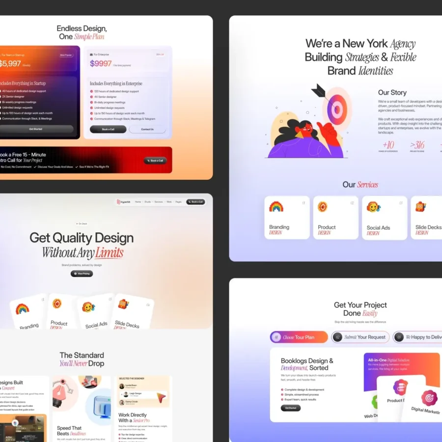 A collage of four web design service pages with vibrant colors. Each section highlights different services like branding and product design, featuring modern graphics and concise text. The layout conveys a professional and creative tone.