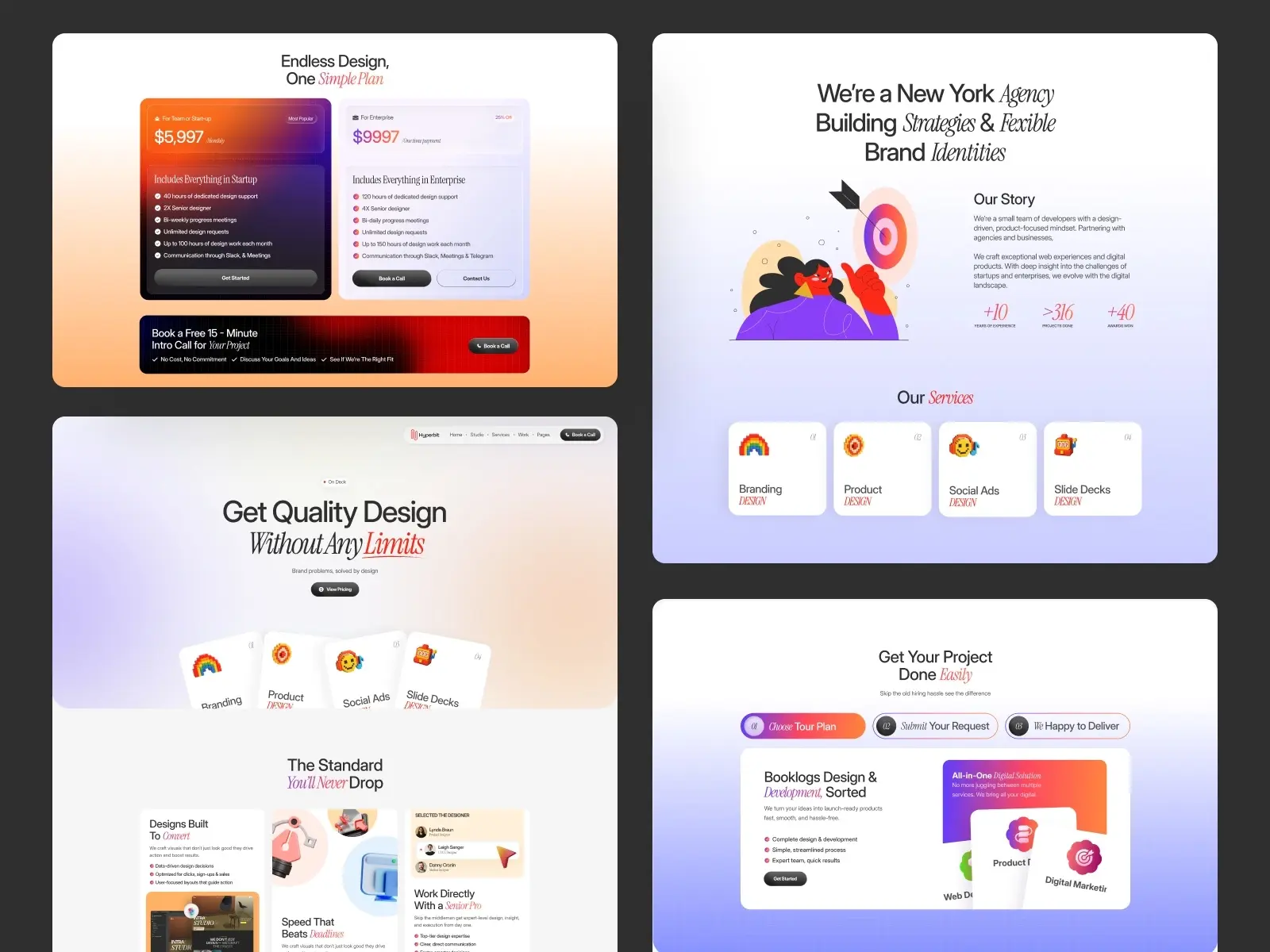 A collage of four web design service pages with vibrant colors. Each section highlights different services like branding and product design, featuring modern graphics and concise text. The layout conveys a professional and creative tone.