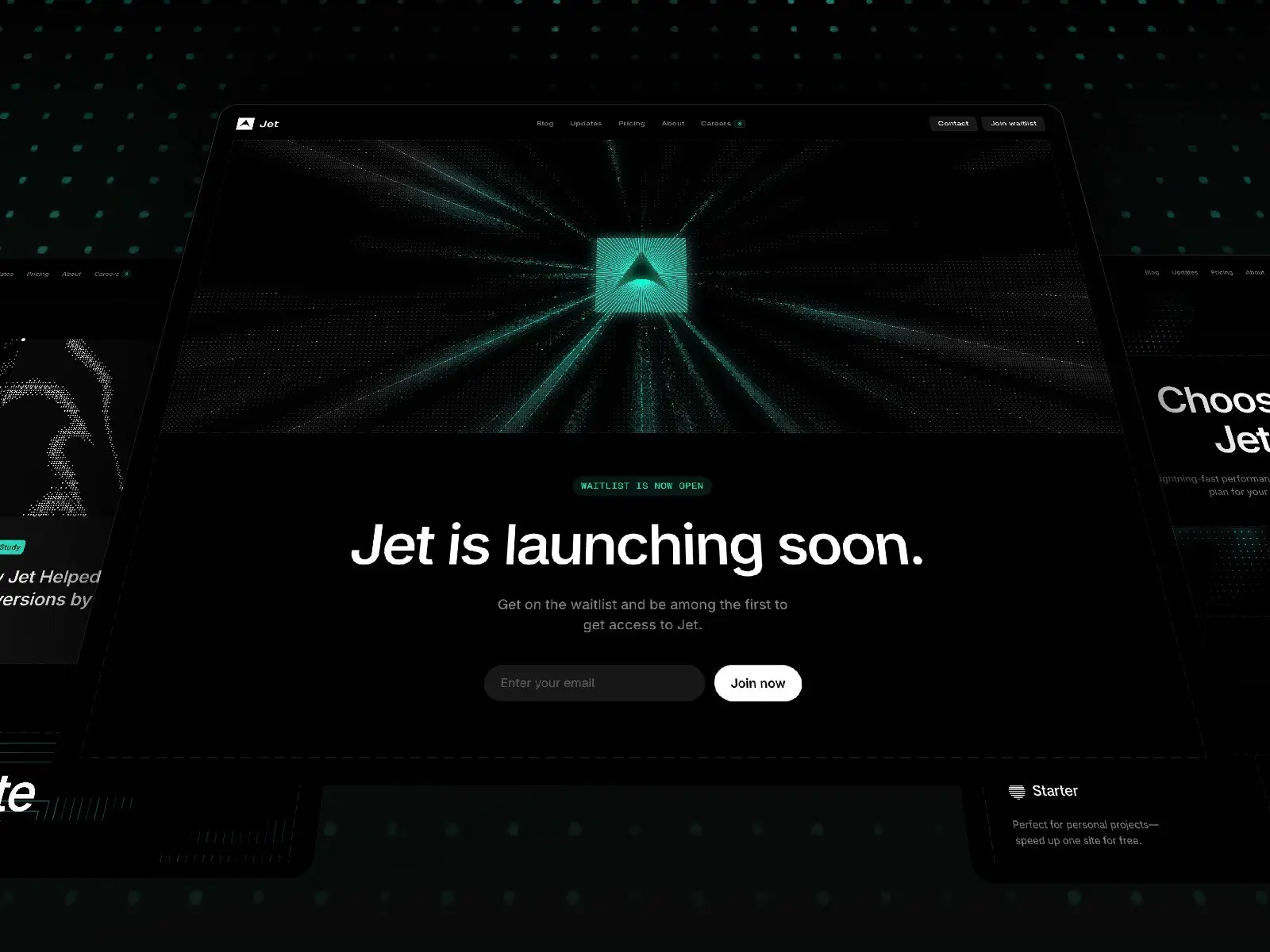 Website landing page with dark theme and green highlights. Central text reads "Jet is launching soon." Prompt for email entry to join waitlist. Futuristic design.