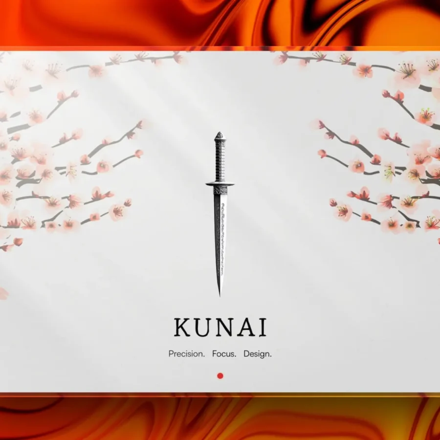 Minimalist design features a kunai dagger centered between delicate cherry blossom branches on a white background. Text below reads 'KUNAI: Precision. Focus. Design.' The border is a vibrant orange swirl, adding contrast and energy.