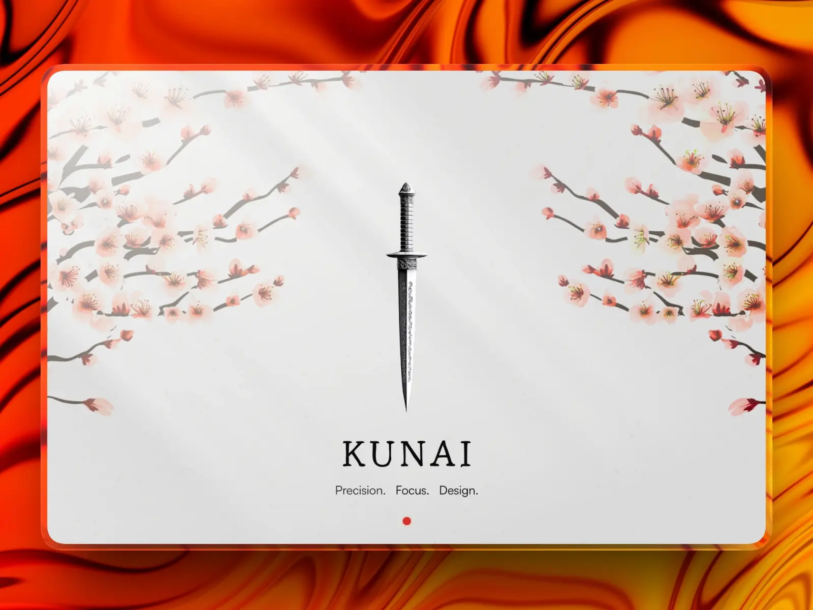 Minimalist design features a kunai dagger centered between delicate cherry blossom branches on a white background. Text below reads 'KUNAI: Precision. Focus. Design.' The border is a vibrant orange swirl, adding contrast and energy.