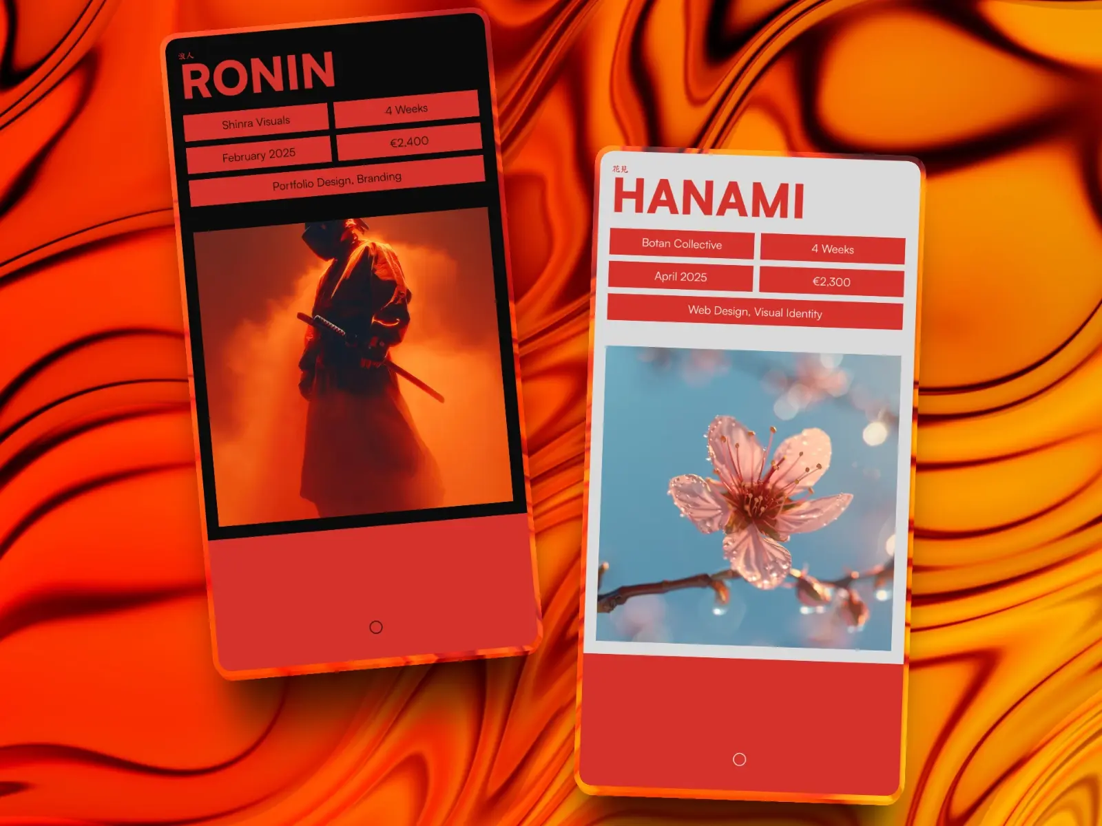Two mobile screens display project concepts titled "Ronin" and "Hanami" on a swirling orange background. The "Ronin" screen features a silhouetted figure in warm tones, while "Hanami" shows a blossoming cherry flower against a blue sky.