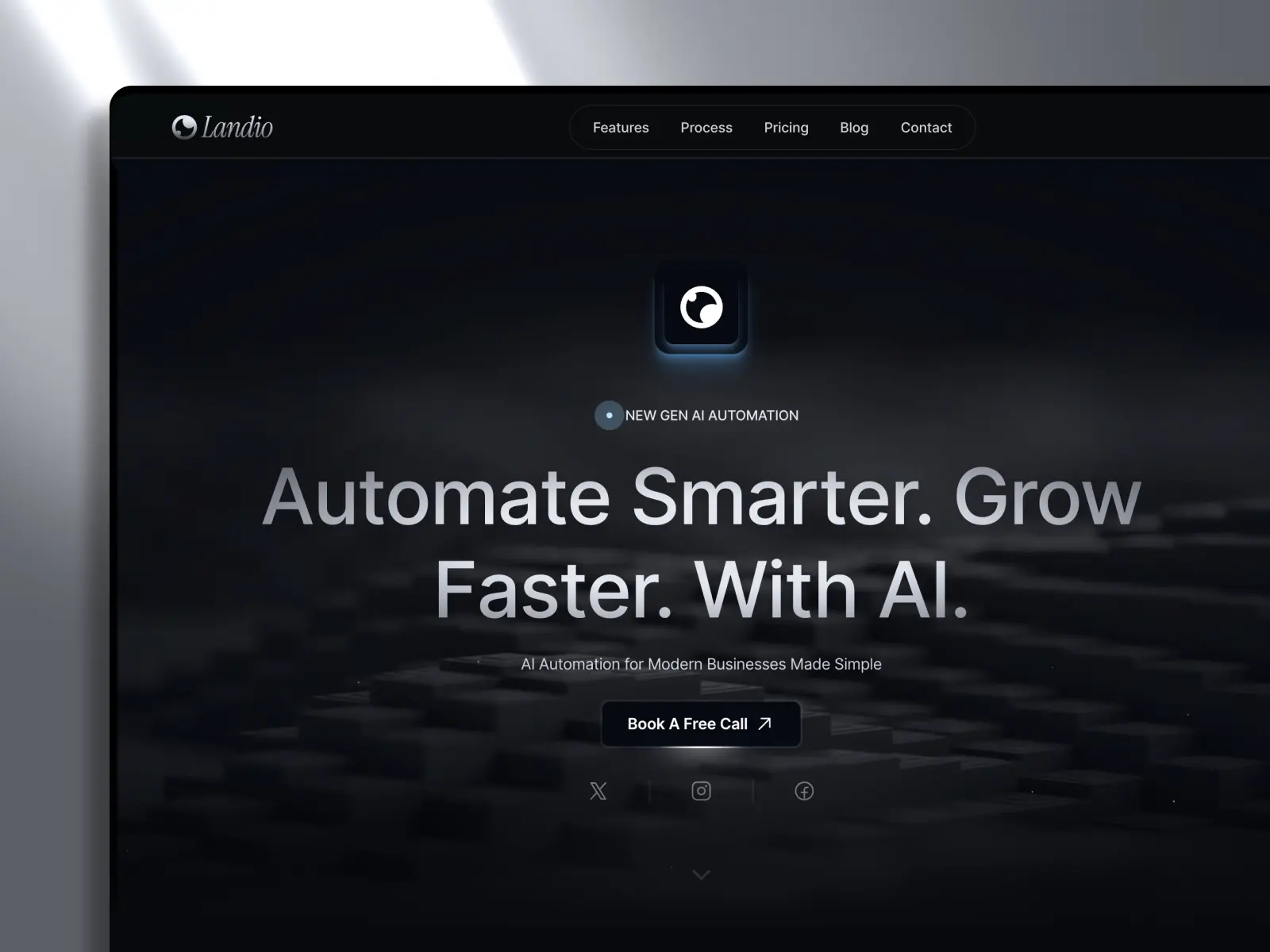 Website homepage with a dark theme, showing text: