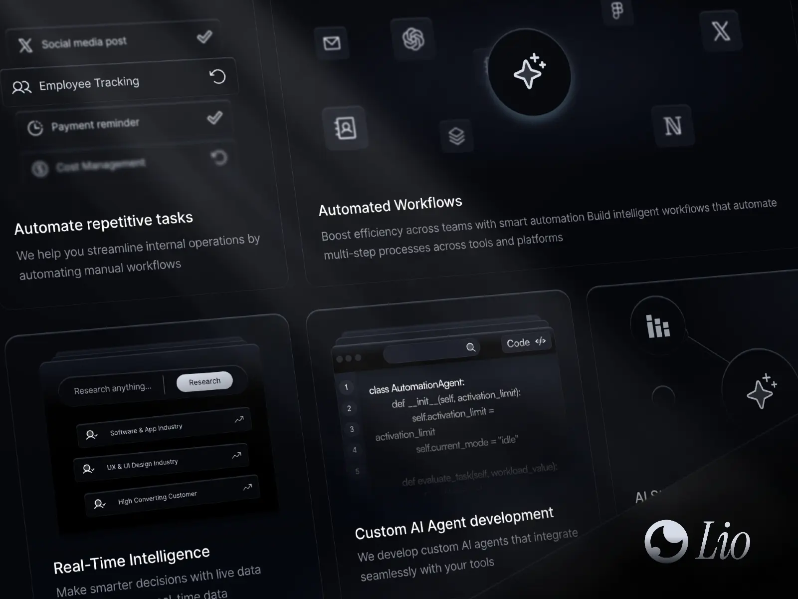 Dimly lit interface with a dark theme, showcasing automation tools and coding elements. Labels include "Automate repetitive tasks" and "Automated Workflows."