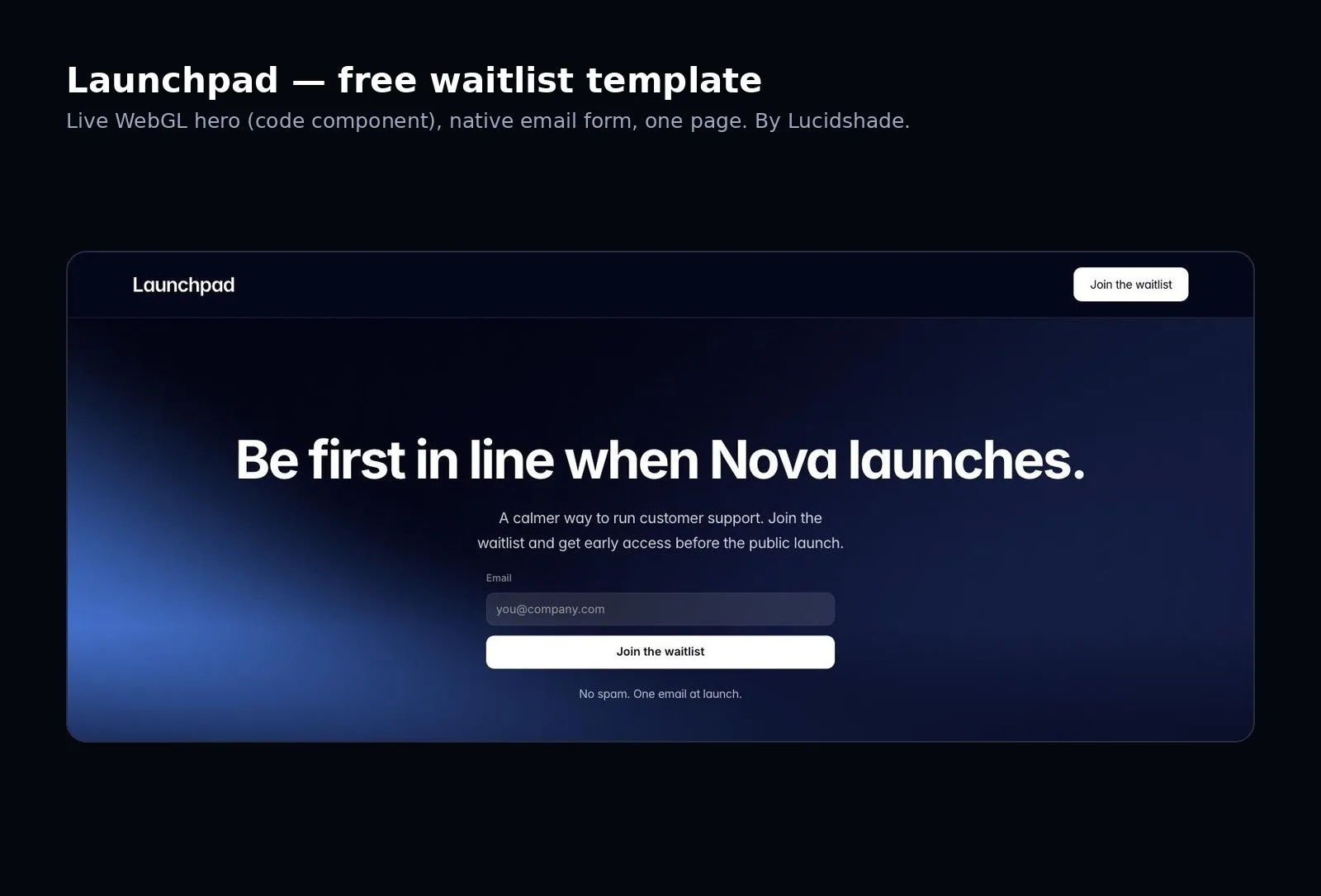 Launchpad — Free Waitlist Page with WebGL Hero — Lucidshade Framer Template