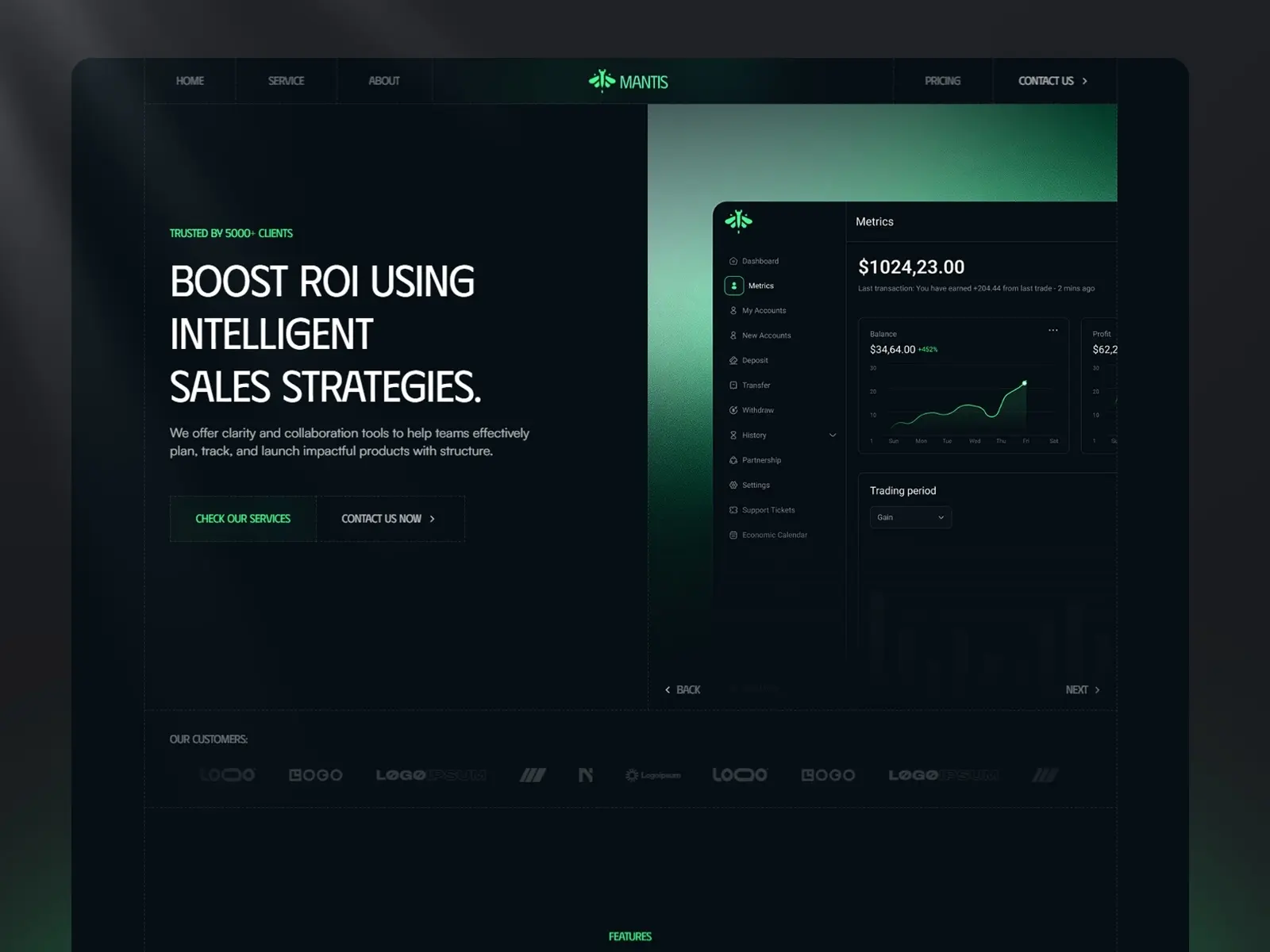 Sleek, dark website interface for Mantis, featuring bold text stating