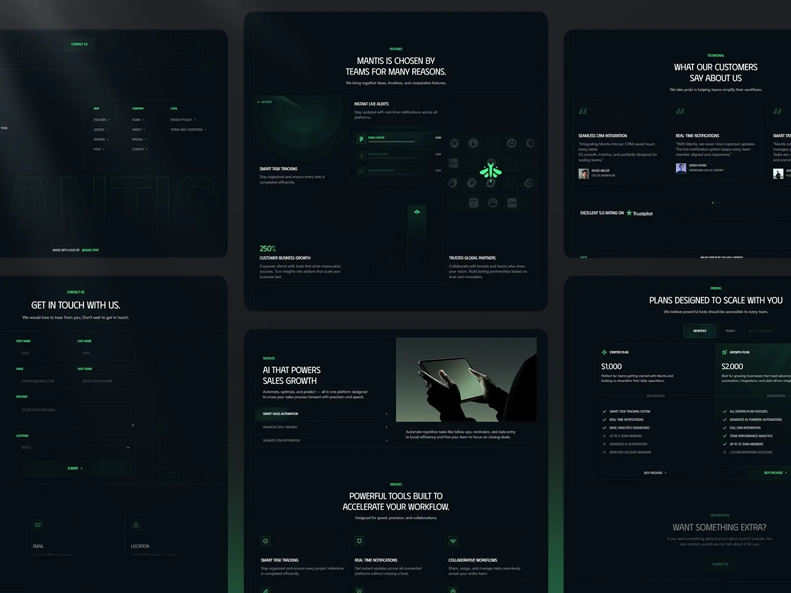Dark-themed website interface with green accents featuring sections titled "Mantis," customer reviews, contact form, AI sales growth info, and pricing plans.