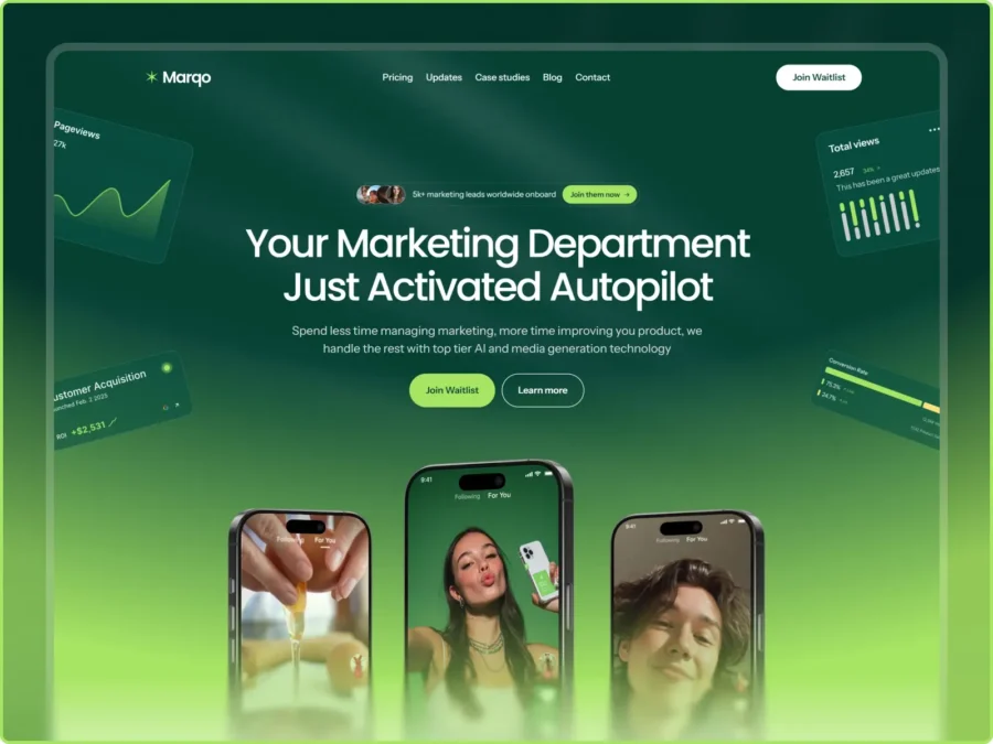 A vibrant marketing web page with a dark green gradient background. Features engaging graphs, analytics, and three smartphone images depicting joyful expressions.
