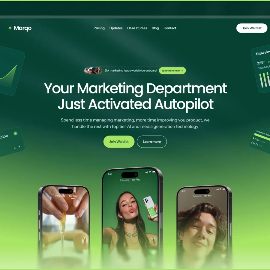A vibrant marketing web page with a dark green gradient background. Features engaging graphs, analytics, and three smartphone images depicting joyful expressions.