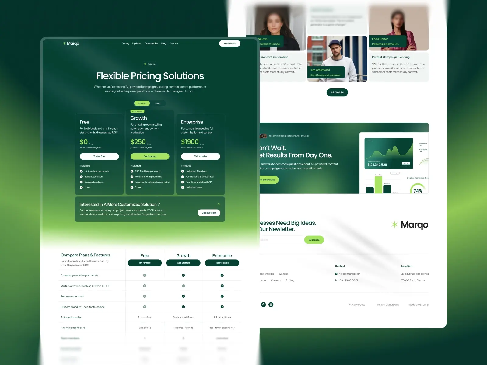 A website homepage with a green theme shows "Flexible Pricing Solutions" for Free, Growth, and Enterprise plans. Includes comparison table and business images.