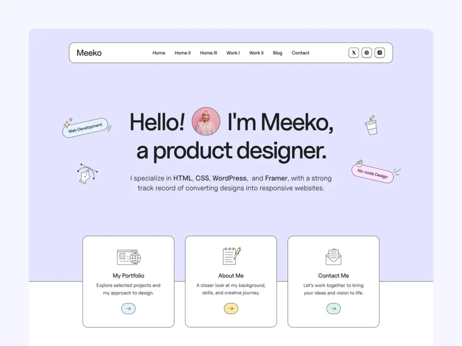 Meeko — Creative Portfolio Template — Elemis Themes Framer Template