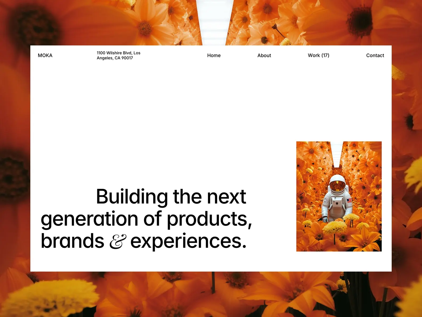 A creative webpage features vibrant orange flowers with an astronaut standing in a field. The text reads, 