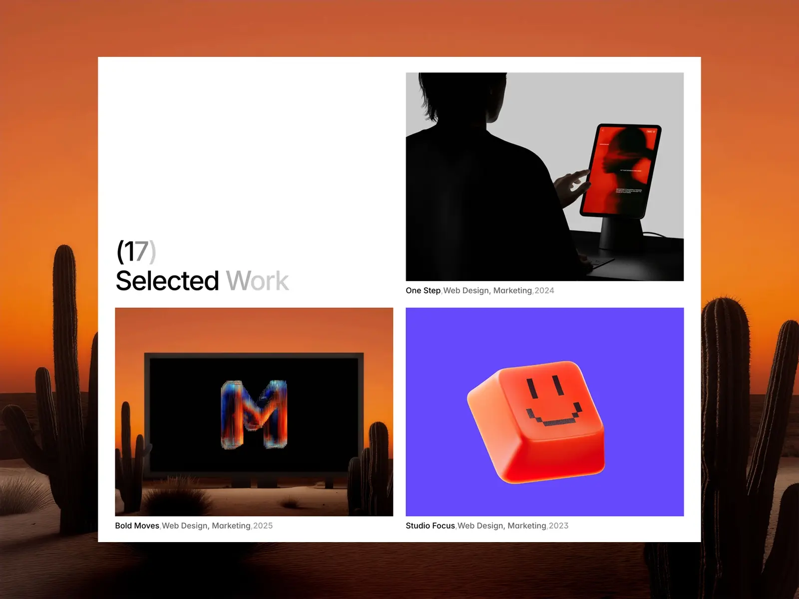 Collage showcasing three digital projects titled 'One Step', 'Bold Moves', and 'Studio Focus' against a desert sunset background with cacti.