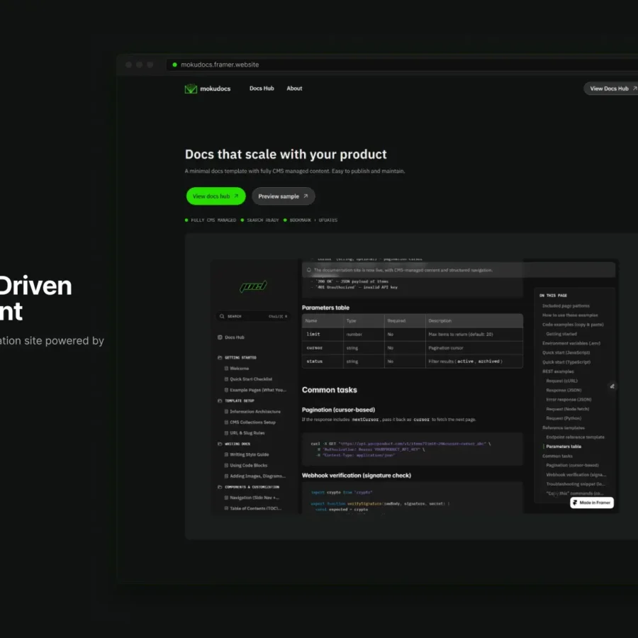 MokuDocs — CMS Docs Template — Mokujiro Studio Framer Template