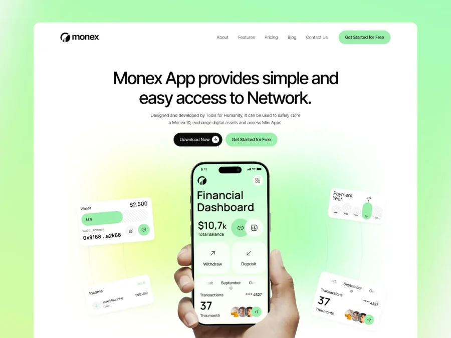 Monex — Finance Mobile App Landing Page — Pixcut Studio LLC Framer Template