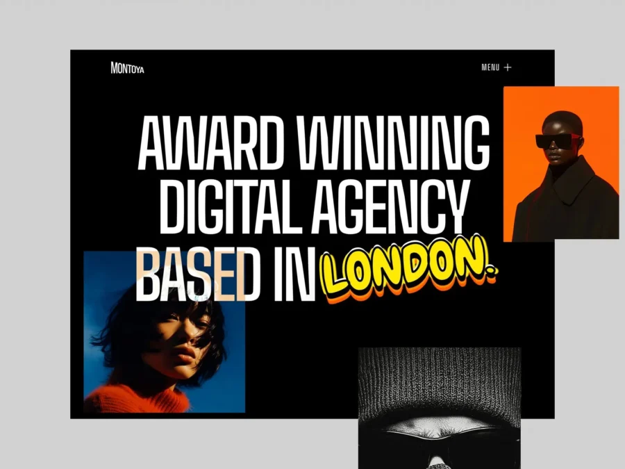 Graphic design showcasing 'Award Winning Digital Agency Based in London' in bold white letters. 'London' is highlighted in yellow graffiti style. Three stylish portraits border the text, each exuding cool, modern vibes.