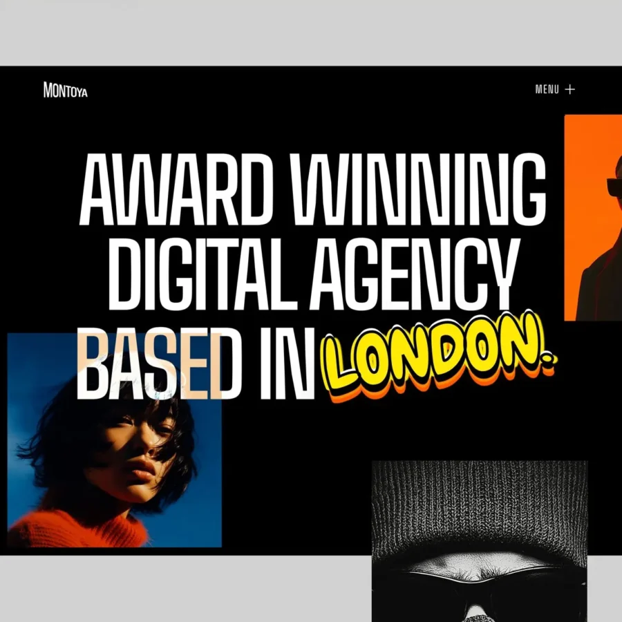 Graphic design showcasing 'Award Winning Digital Agency Based in London' in bold white letters. 'London' is highlighted in yellow graffiti style. Three stylish portraits border the text, each exuding cool, modern vibes.