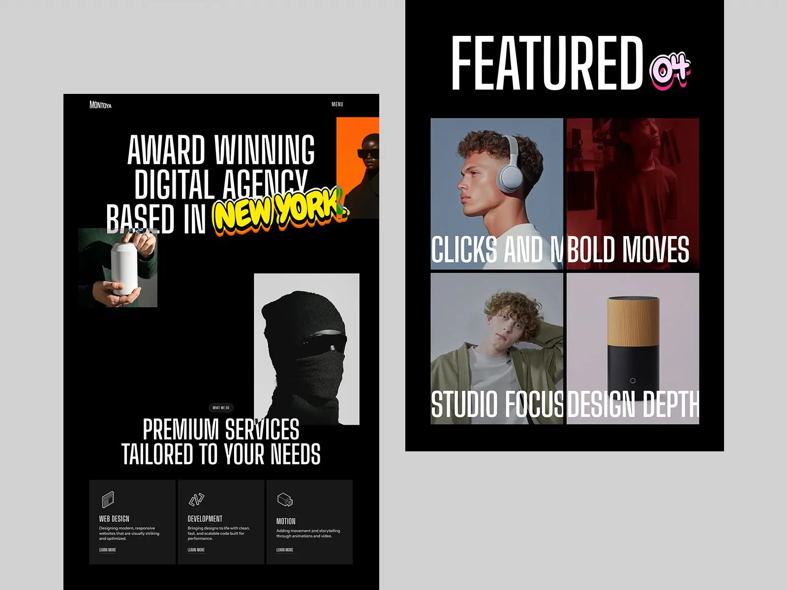 Two-part image of a digital agency’s promotional materials. Left: Bold text announces an award-winning digital agency based in New York, offering premium, tailored services like web design and development. Right: Titled 'Featured,' four images show a stylish man with headphones, another man in red lighting, a man with curly hair, and a sleek cylindrical device, conveying creativity and modernity.