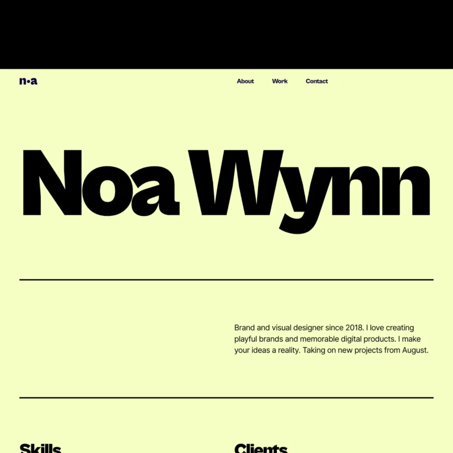 Website homepage featuring bold black text 'Noa Wynn' on a light yellow background. Navigation menu includes links to About, Work, and Contact. Below, a brief description of a brand and visual designer since 2018, expressing enthusiasm for creating playful brands and digital products.