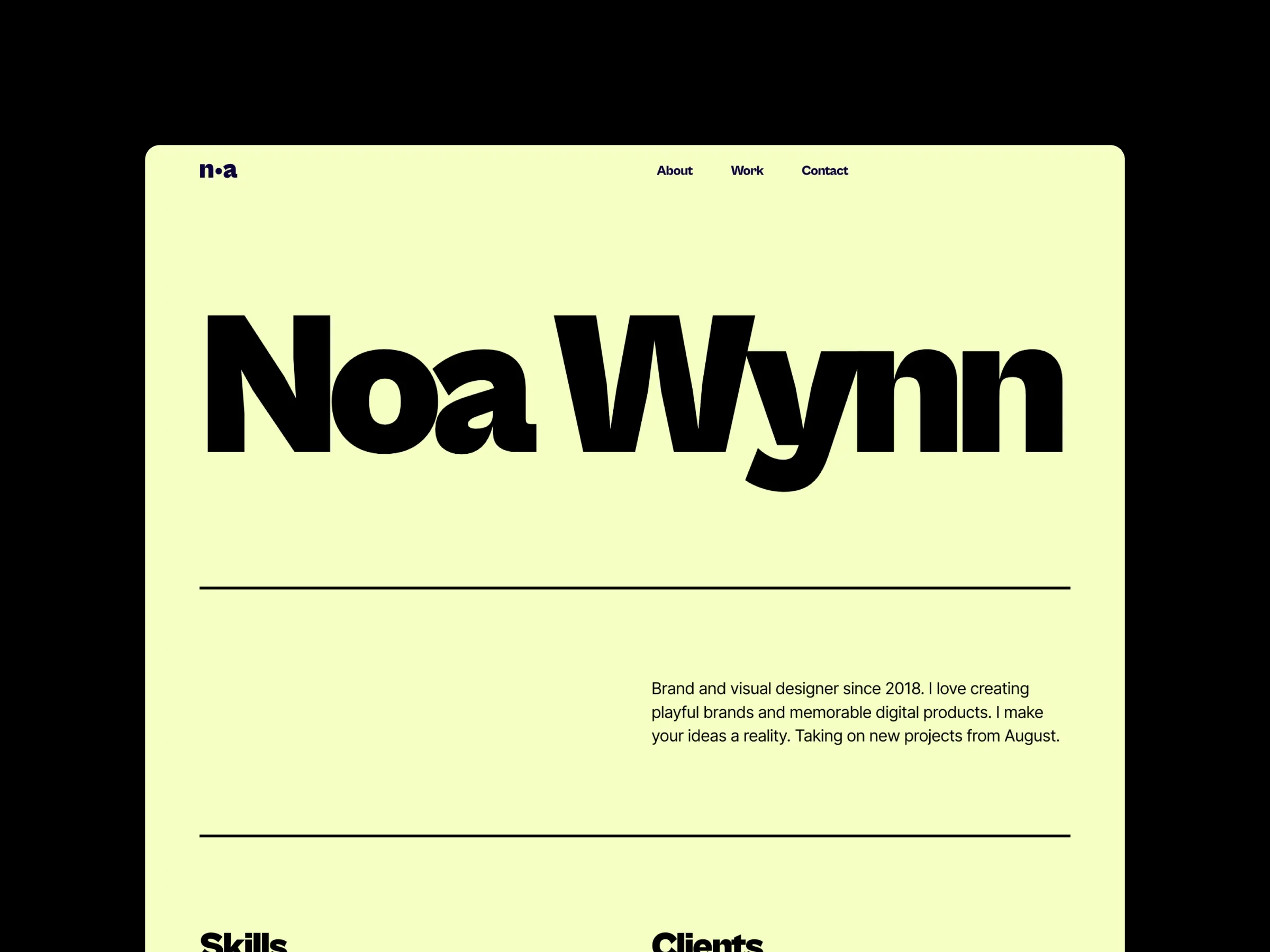 Website homepage featuring bold black text 'Noa Wynn' on a light yellow background. Navigation menu includes links to About, Work, and Contact. Below, a brief description of a brand and visual designer since 2018, expressing enthusiasm for creating playful brands and digital products.