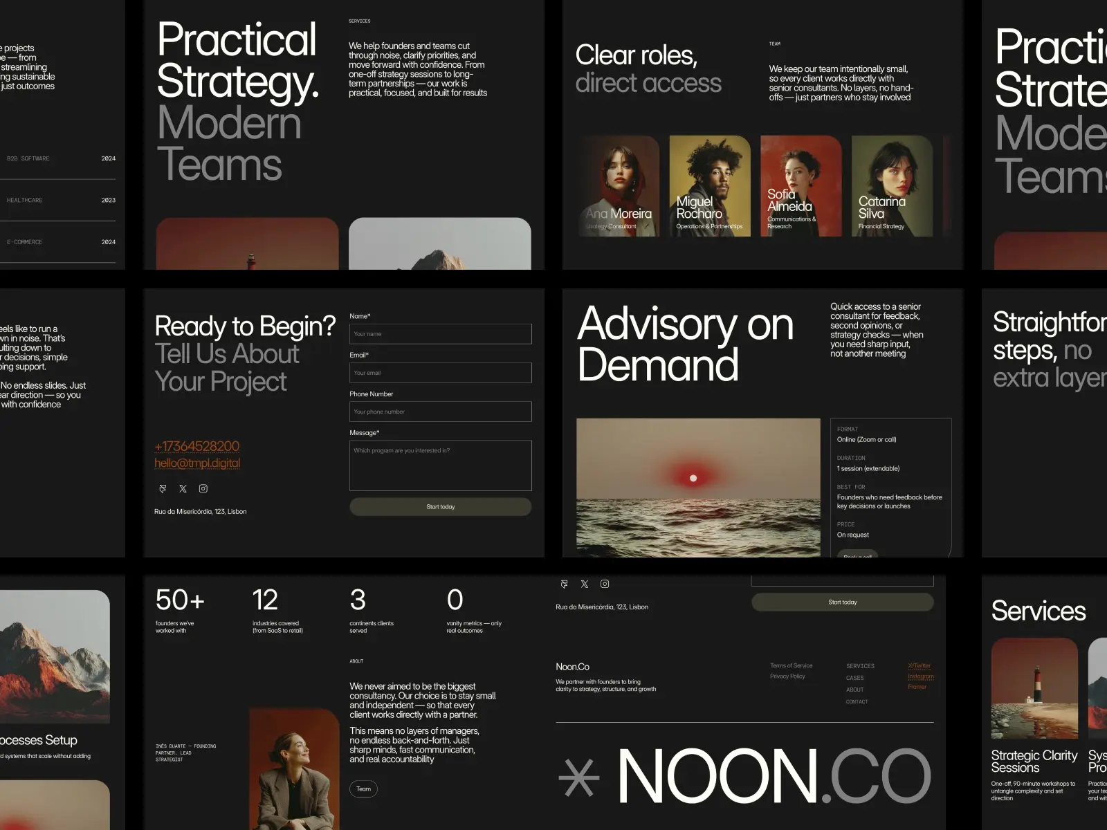 A modern website interface with dark theme featuring sections titled "Practical Strategy," "Clear Roles," and "Advisory on Demand." Images of four diverse individuals, ocean sunset, and contact forms are included. Clean, professional, and collaborative tone.