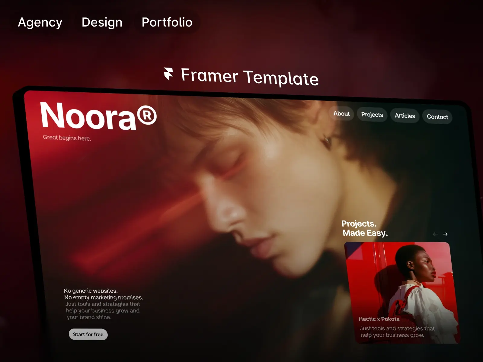 Framer template featuring a website mockup for 'Noora' with a sleek, blurred portrait in warm tones. Navigation includes About, Projects, and Contact.
