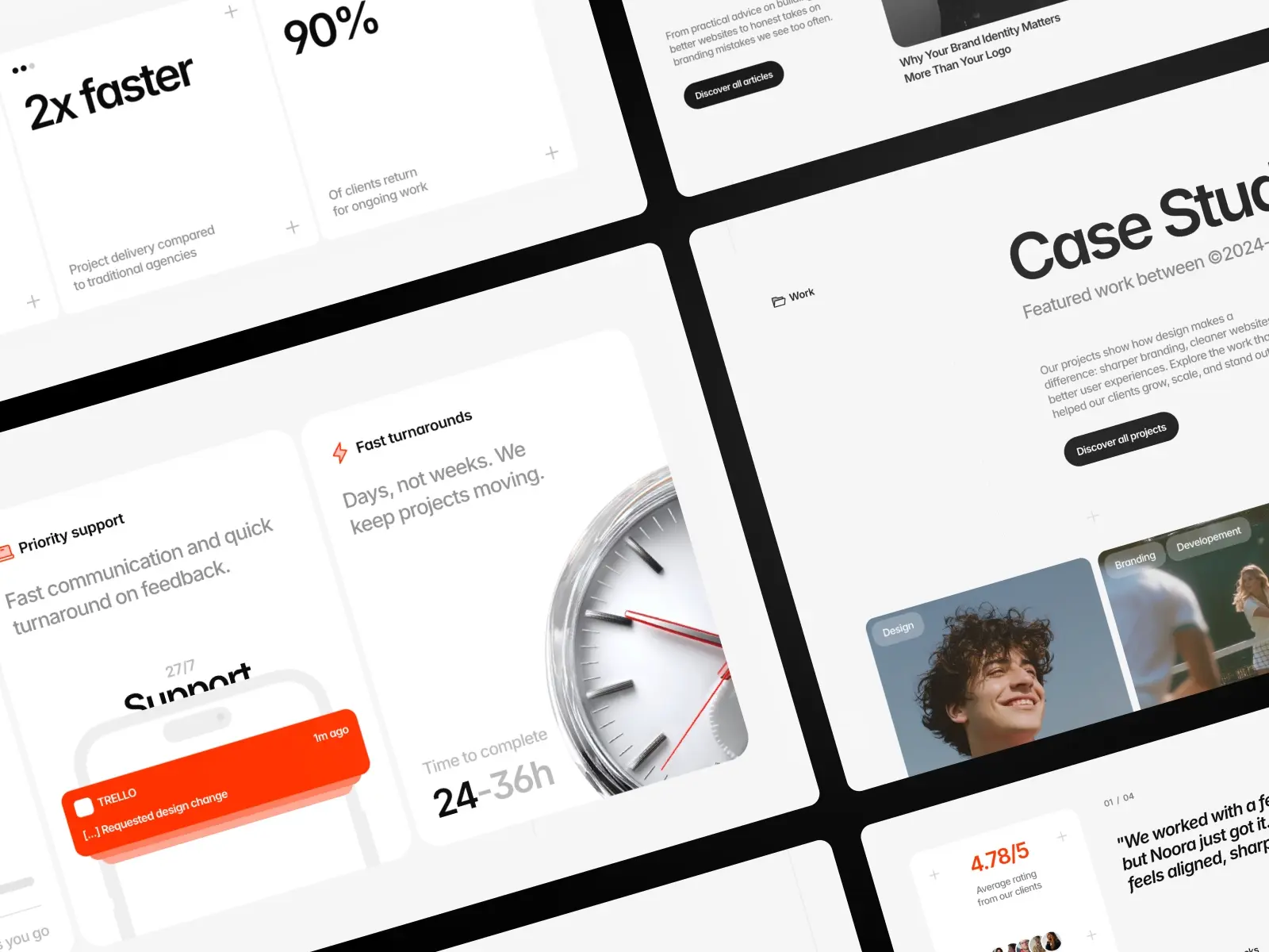 Split-screen image showcasing design elements. White background with black and red accents. Features text on speed, support, case studies, and a clock close-up. Modern and efficient tone.