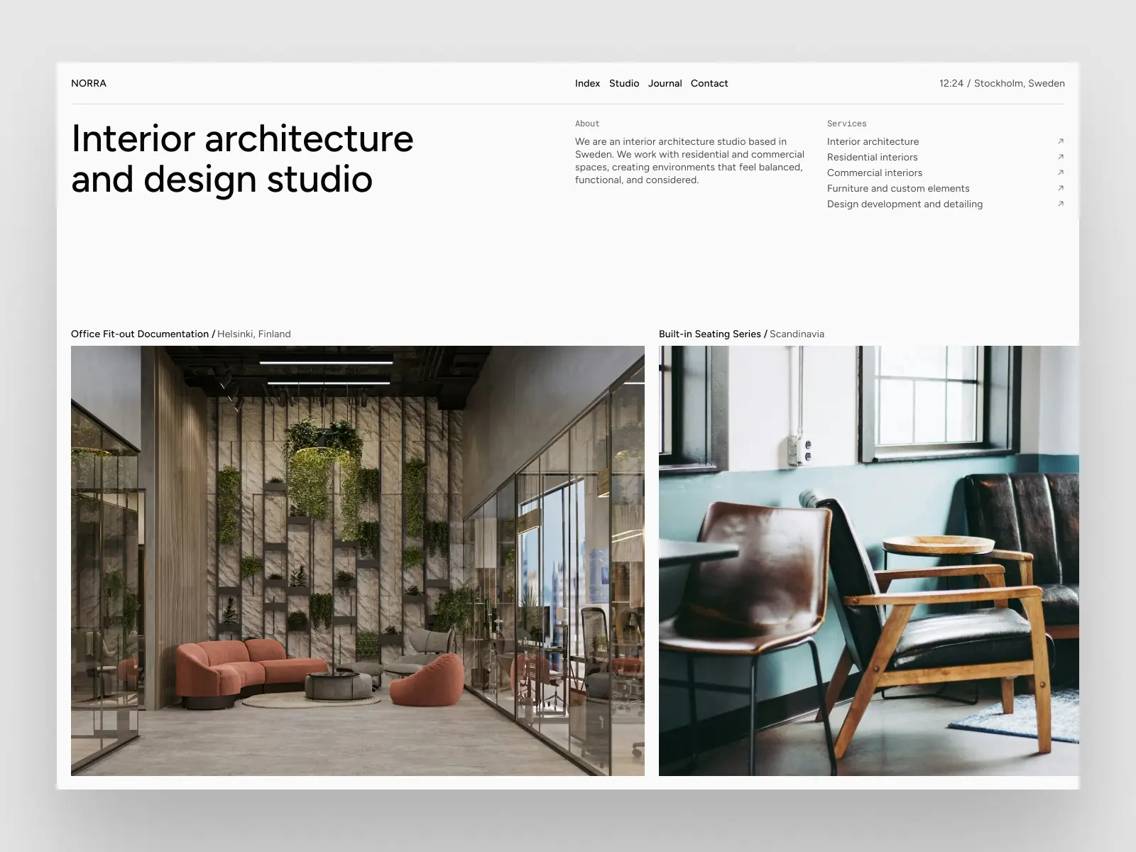 NORRA — Refined interior design template — Volodymyr F. Framer Template