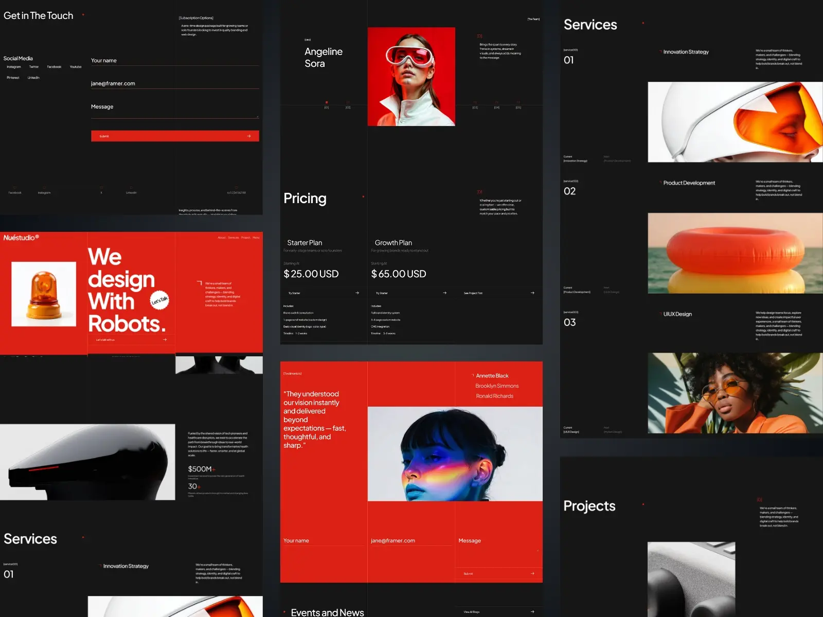 Collage of a sleek black and red website design includes contact forms, service descriptions, pricing plans, and vibrant portraits, conveying a modern tech vibe.