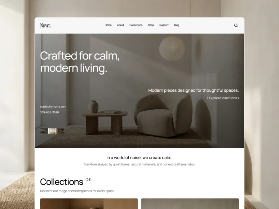 Minimalist website for Nuvva furniture showcases a calm, modern aesthetic. Features a neutral-toned lounge chair, table, and pendant light. Text reads 'Crafted for calm, modern living' emphasizing serene, thoughtful design.