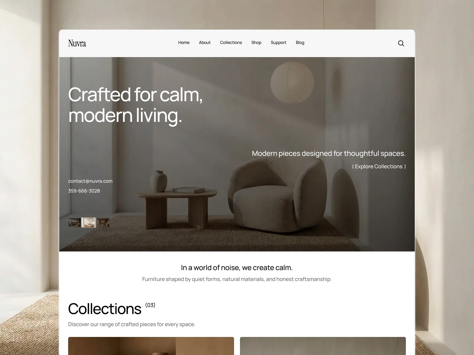 Minimalist website for Nuvva furniture showcases a calm, modern aesthetic. Features a neutral-toned lounge chair, table, and pendant light. Text reads 'Crafted for calm, modern living' emphasizing serene, thoughtful design.
