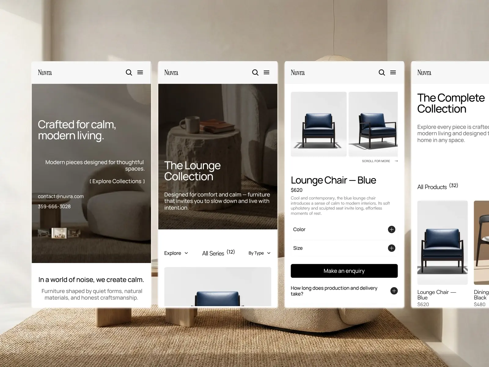 Four mobile screens showcase a minimalist furniture brand's website. Clean design with emphasis on calm, modern living and cozy lounge chairs.