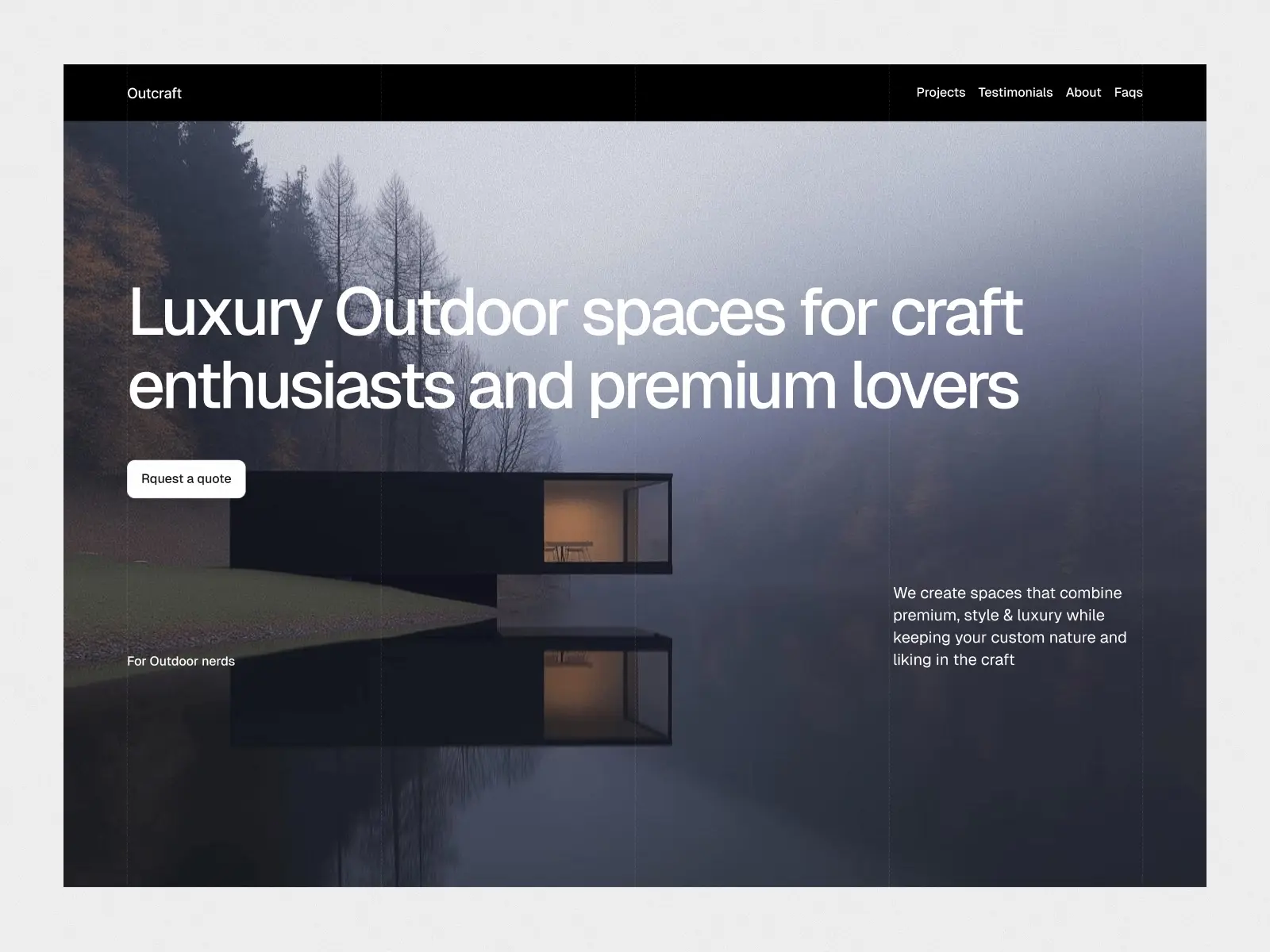 Modern website design featuring a serene lakeside house at dusk. Large white text reads