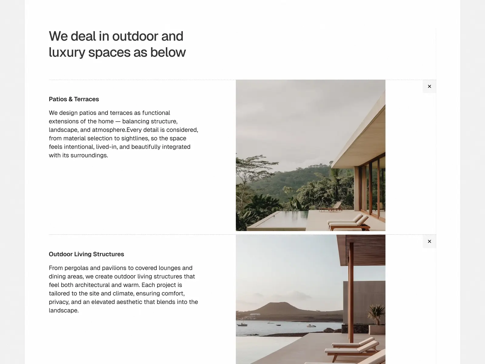 Webpage showcasing outdoor and luxury spaces, including patios, terraces, and outdoor living structures. Images depict serene outdoor lounge areas with pools, lush greenery, and modern architectural design, conveying elegance and tranquility.