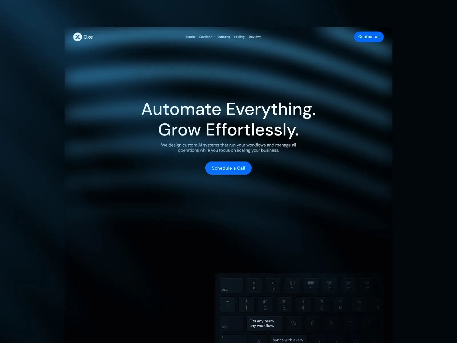 Dark website interface with wavy blue lines. Central white text reads,
