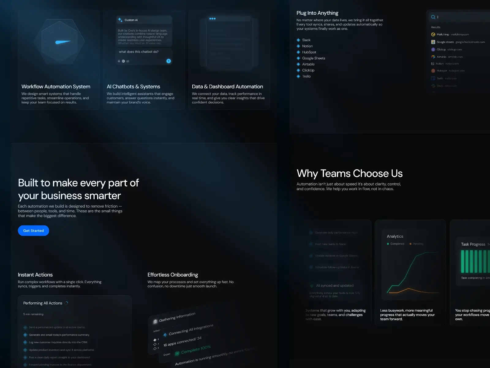 Dark-themed interface showcasing a business automation platform with sections on workflow systems, AI chatbots, and data dashboards. Text highlights benefits like smarter business solutions, effortless onboarding, and team choices. Graphs and icons suggest analytical capabilities. Tone is professional and innovative.