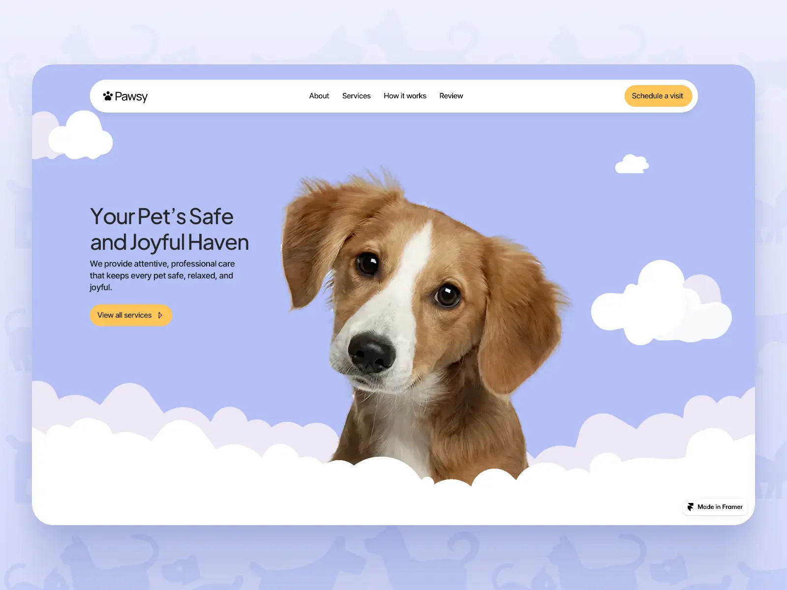 Pawsy — pet care businesses website — Plaiter Framer Template