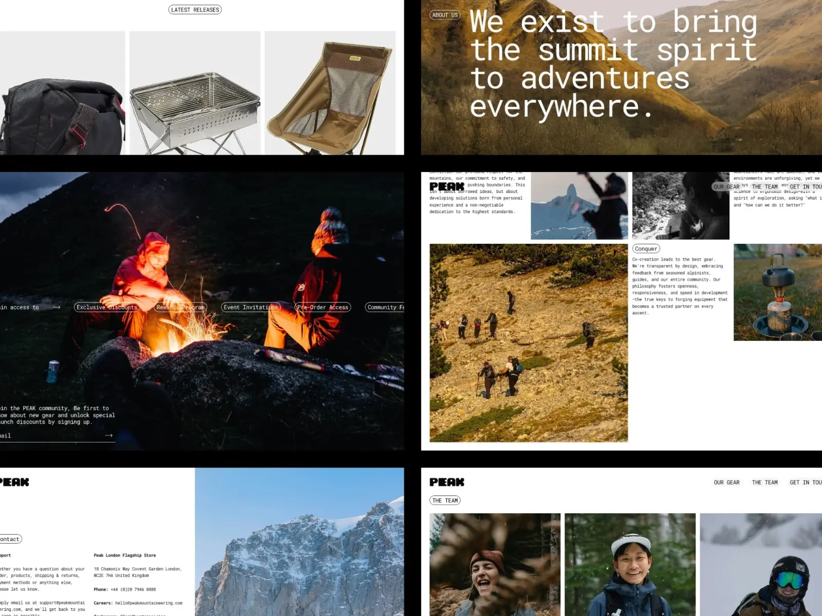 Collage of outdoor adventure imagery and gear. Hiking equipment, people around a campfire, mountain views, and adventurous slogans convey exploration spirit.
